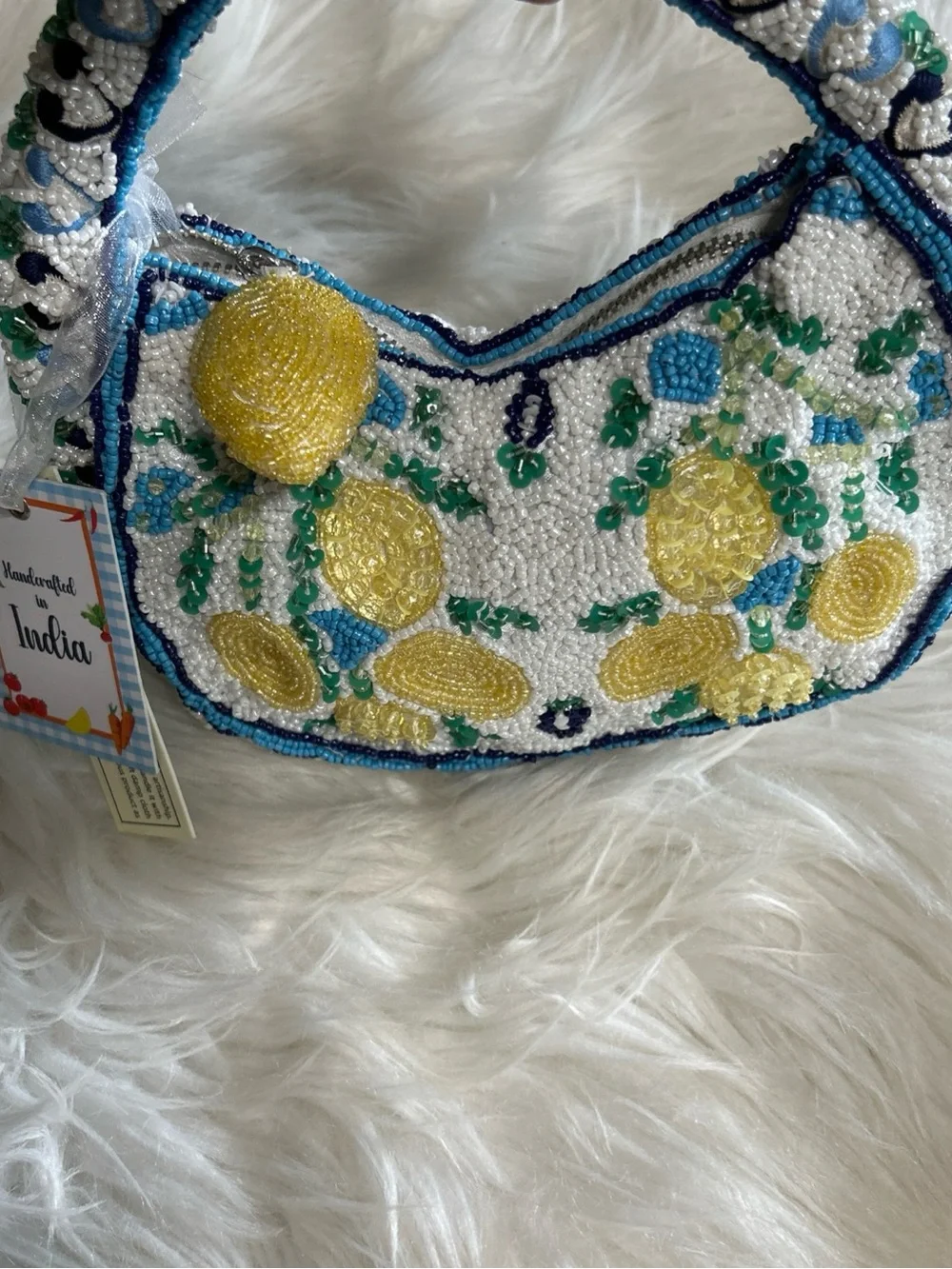 Beaded Lemon Motif Clutch in White and Yellow
